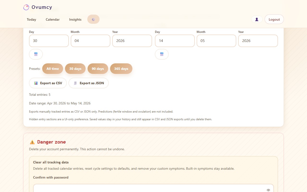Ovumcy export settings